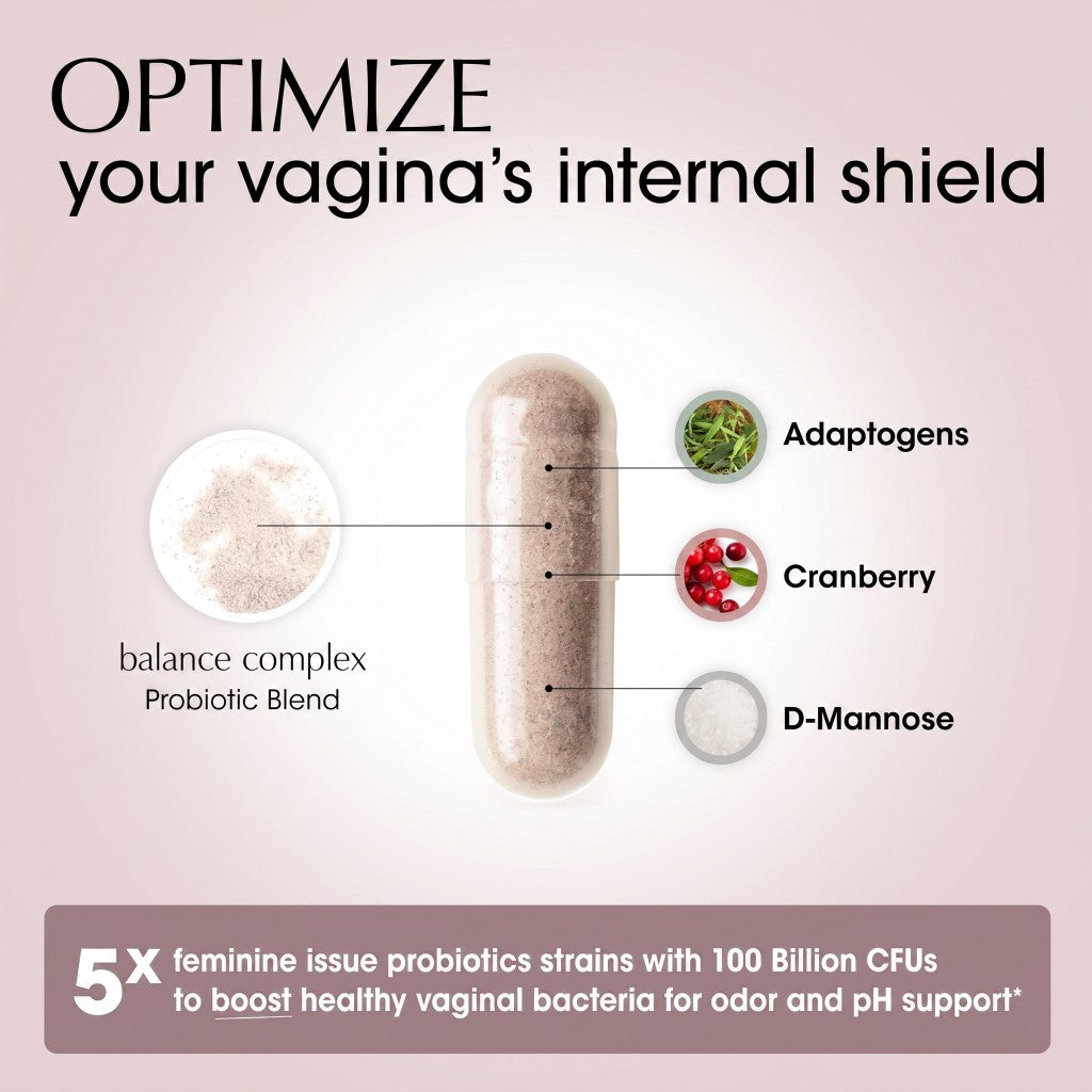 Balance Complex probiotic capsule with adaptogens, cranberry, and D-Mannose callouts