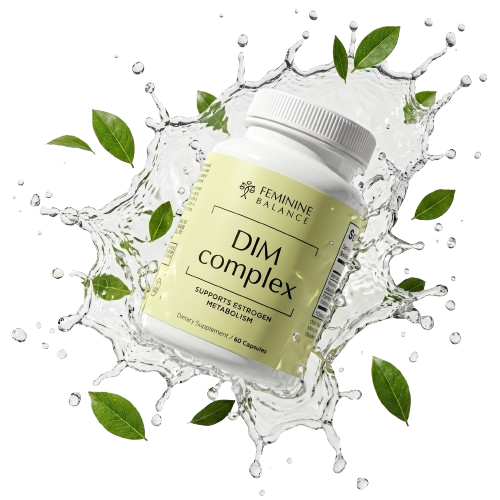 DIM Complex bottle with water splash and green leaves — women's hormone balance supplement