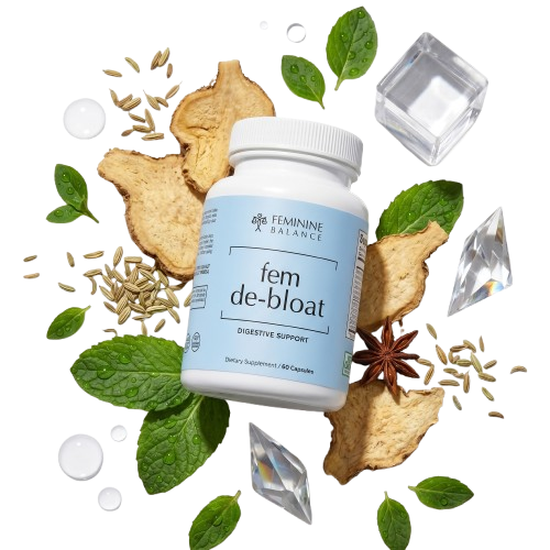 Fem De-Bloat bottle with ginger, mint, and fennel — digestive support supplement