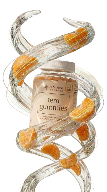 Fem Gummies bottle with orange slices and water splash — women's daily multivitamin gummies