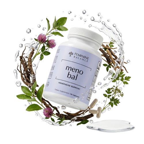 Meno Bal bottle surrounded by botanical ingredients and water in a circular orbit