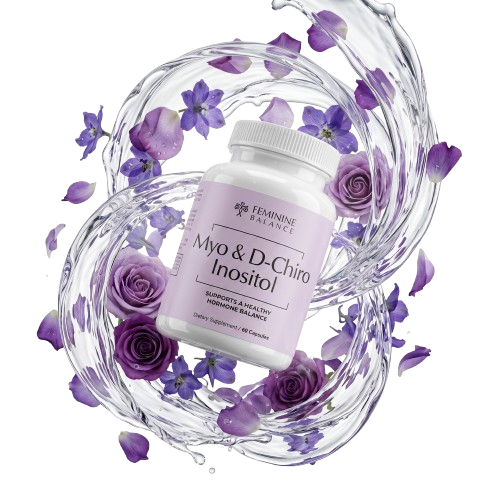 Myo & D-Chiro Inositol bottle with water splash and purple flowers