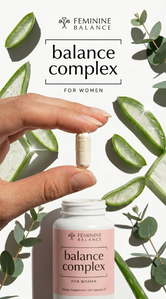 Hand holding a Balance Complex capsule with aloe vera and eucalyptus sprigs