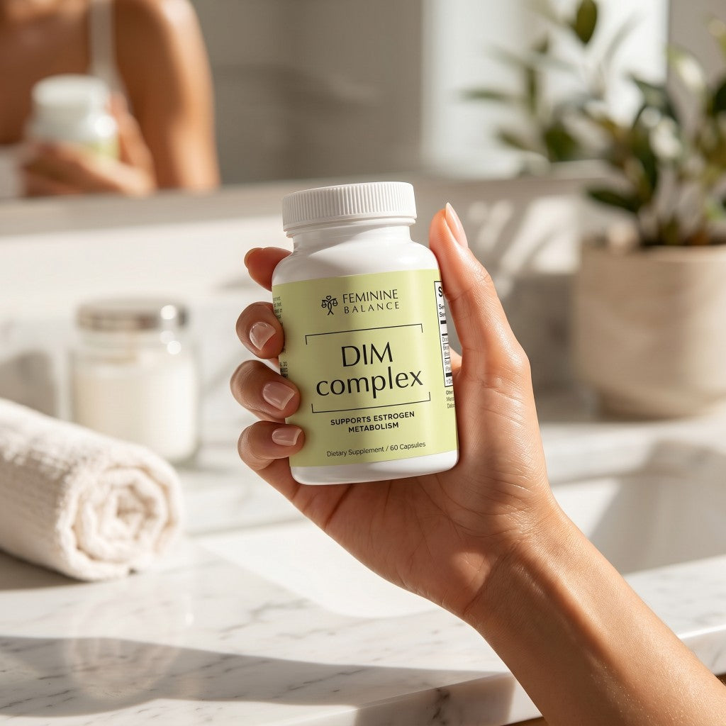 Woman holding DIM Complex estrogen metabolism supplement in a bright bathroom