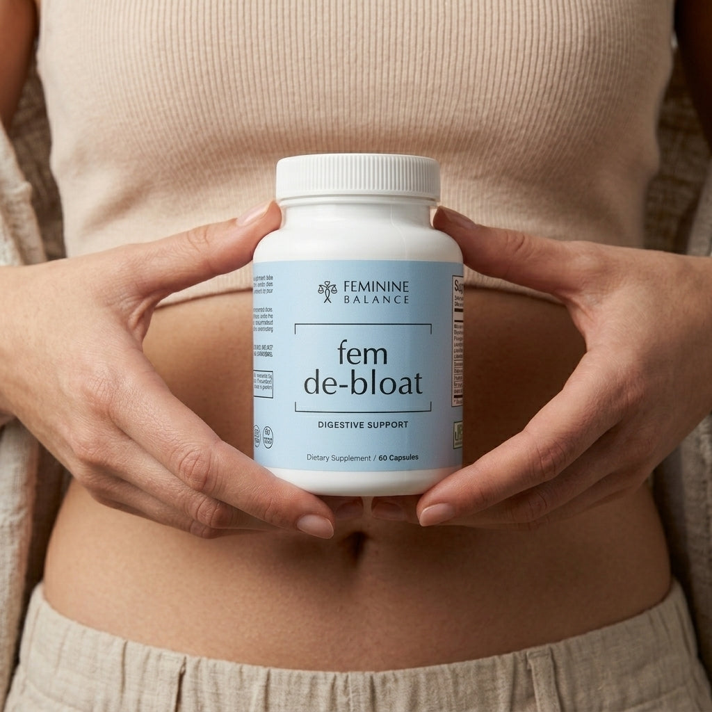 Woman holding Fem De-Bloat digestive support supplement at her midsection