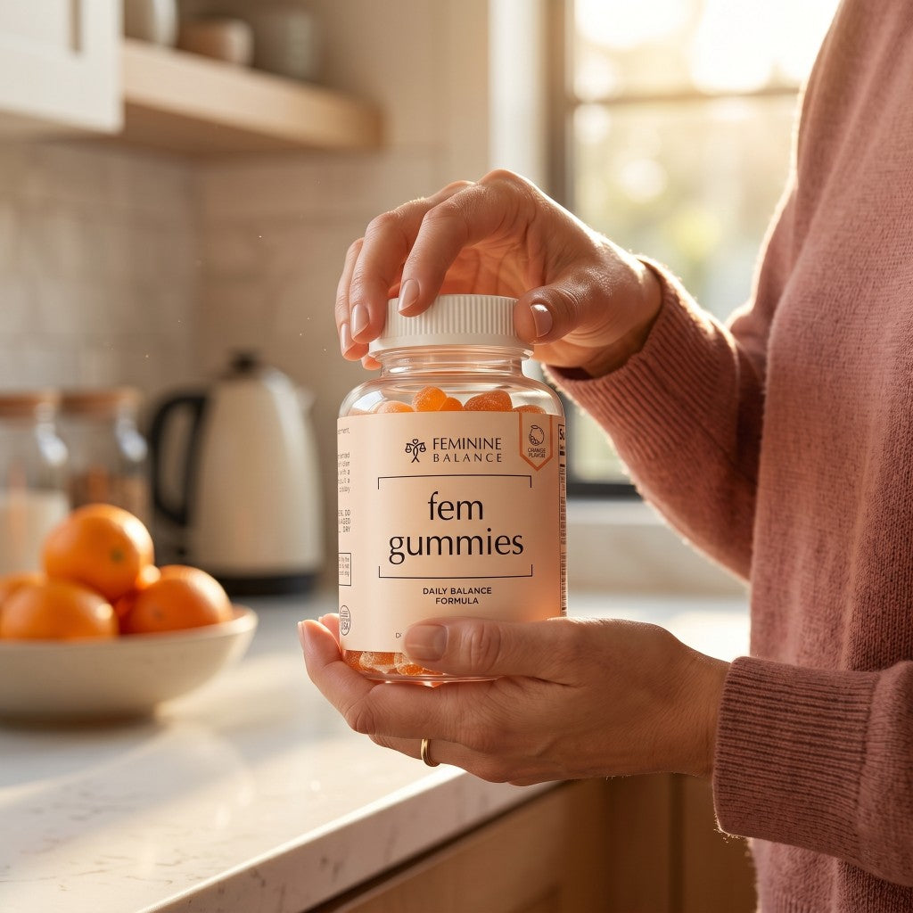 Hands opening Fem Gummies in a sunlit kitchen with fresh oranges