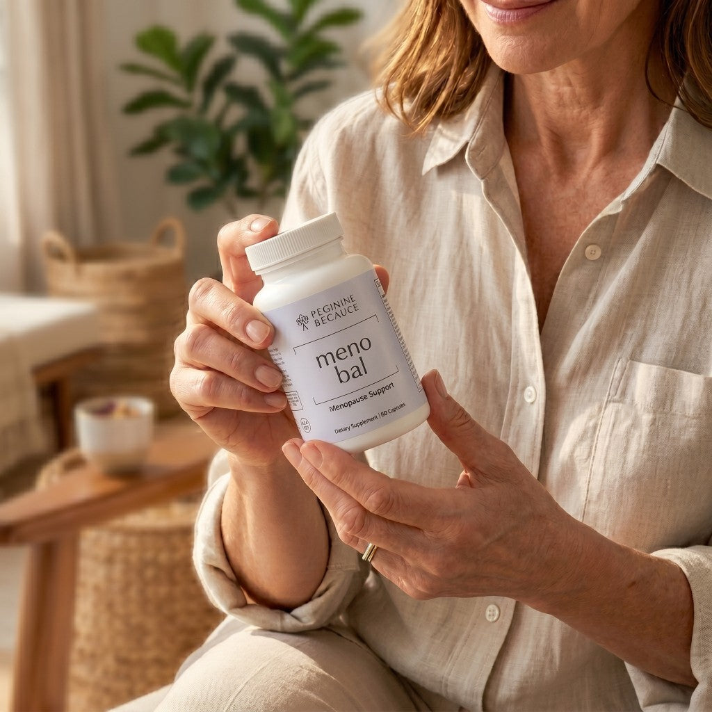 Woman holding a bottle of Meno Bal menopause support supplement