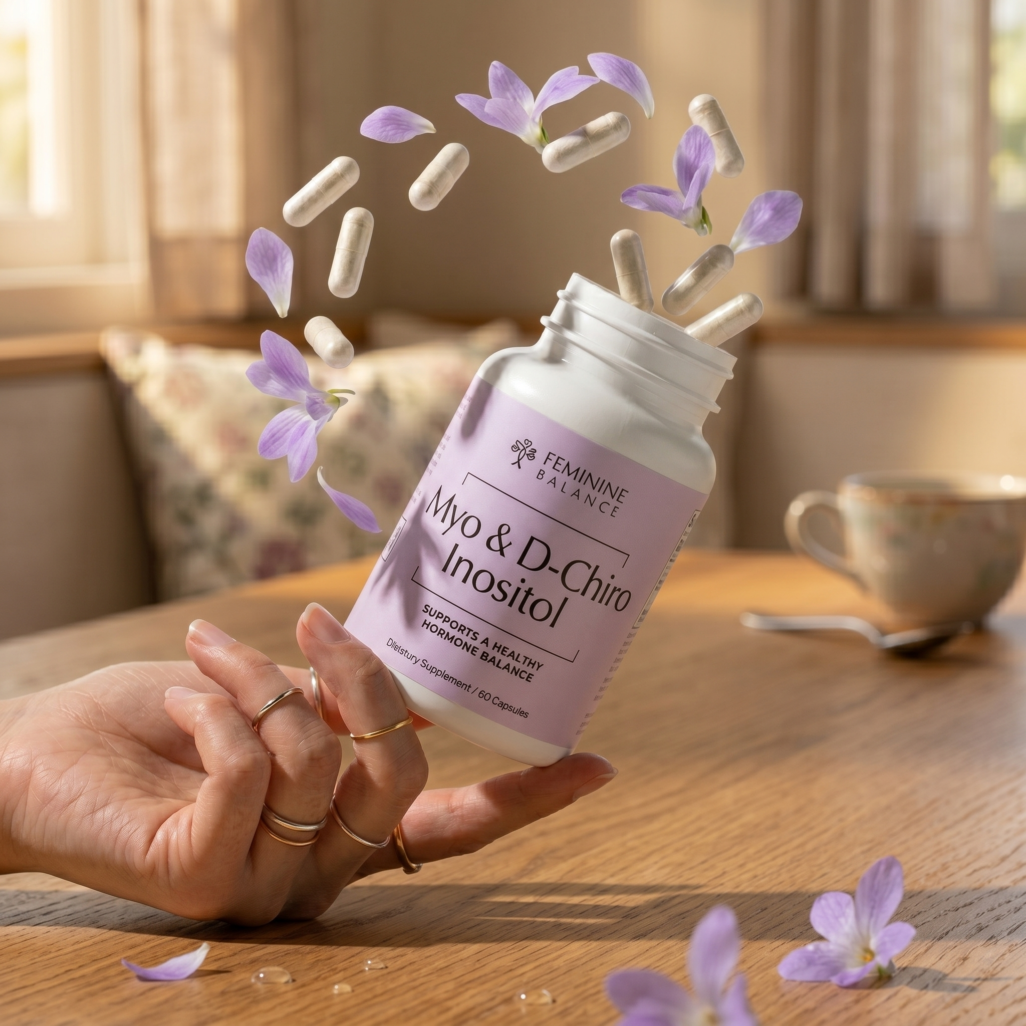Hand holding Myo & D-Chiro Inositol bottle with capsules and purple petals floating out