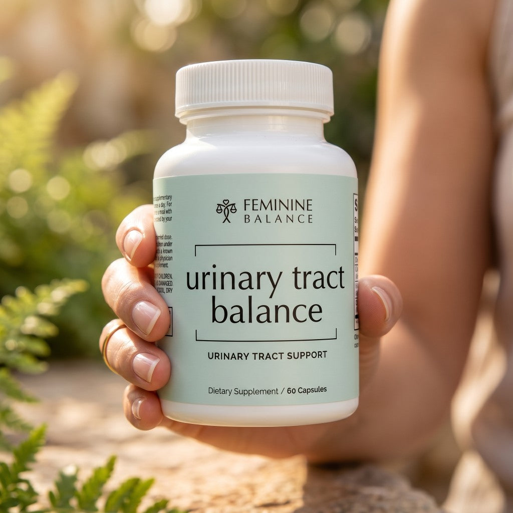 Woman holding a bottle of Urinary Tract Balance urinary support supplement